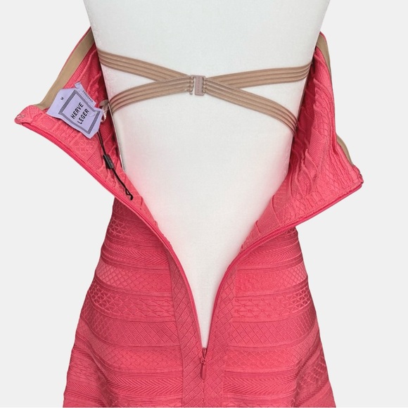 Herve Leger Akari Embossed Bandage Mini Dress Hibiscus Coral Pink Medium NWOT - Picture 10 of 17
